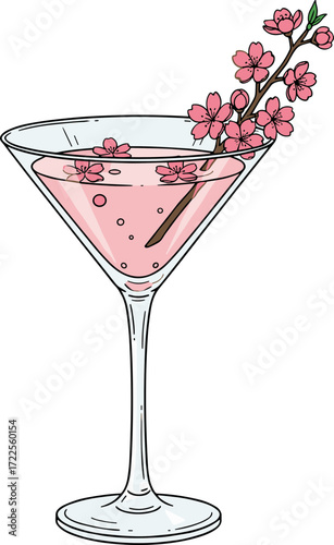 Artistic Outline Cocktail with Sakura Flowers Fresh and Elegant Drink Illustration