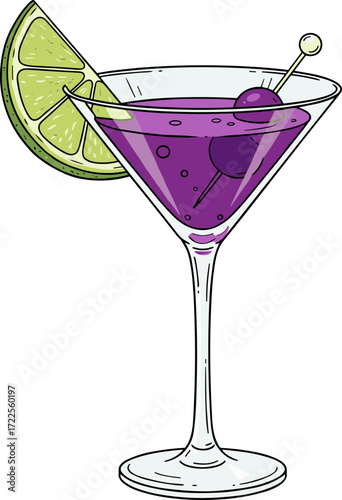 Cartoonish Cocktail Glass with Lime and Olive Graphic Style Illustration