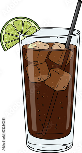 Cartoon Style Classic Dark Cola Drink with Lime and Ice Illustration