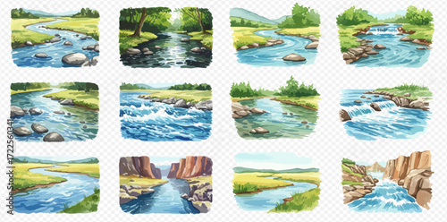 A collection of watercolor illustrations depicting various river and stream landscapes with natural elements.