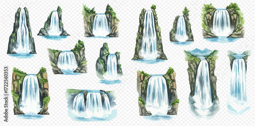 A collection of diverse natural waterfalls cascading over rocks with lush greenery.