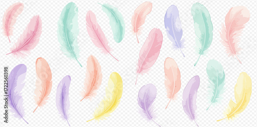 A collection of soft, delicate pastel-colored feathers floating gracefully against a transparent background, showcasing various gentle hues.