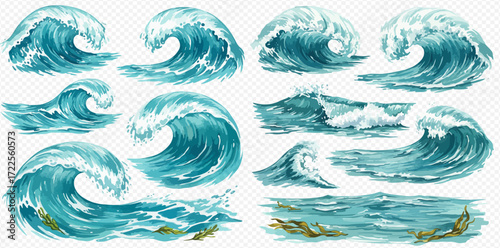 A diverse collection of powerful ocean waves and water surfaces, featuring crashing crests, rolling swells, and foamy splashes in a vibrant blue watercolor style.
