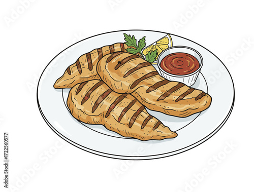 Detailed Line Art Grilled Chicken Fillet on Plate Delicious Dish