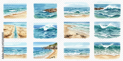 A collection of 12 vibrant watercolor illustrations depicting diverse ocean and beach scenes with crashing waves, sandy shores, and rocky coastlines under clear skies.