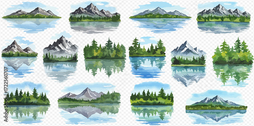 A collection of watercolor landscape illustrations featuring mountains, forests, and serene lakes with reflections.