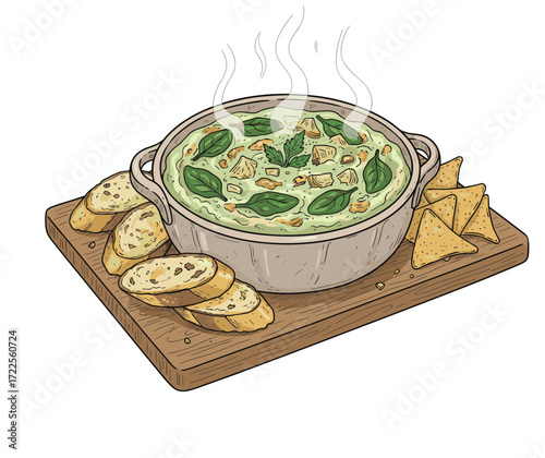 Handdrawn Delicious Spinach Artichoke Dip Appetizer on Wooden Board Illustration