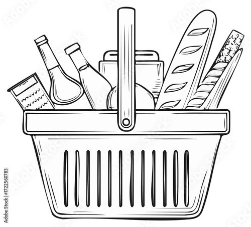 Picnic Basket Sketch Filled with Food and Drinks Black and White Line Art