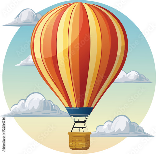 Vibrant hot air balloon soaring through a cloudy sky on a bright, sunny day, symbolizing adventure and freedom