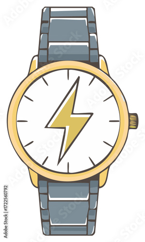 Gold watch with a yellow lightning bolt symbol on its face and a metallic band