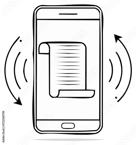 Smartphone with receipt or document, receiving message signal sketch illustration
