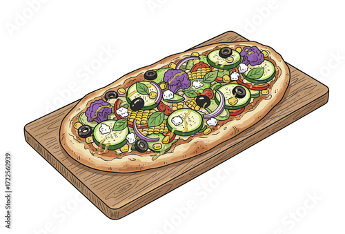 Detailed Handdrawn Vegetarian Pizza with Vegetables on Wooden Cutting Board