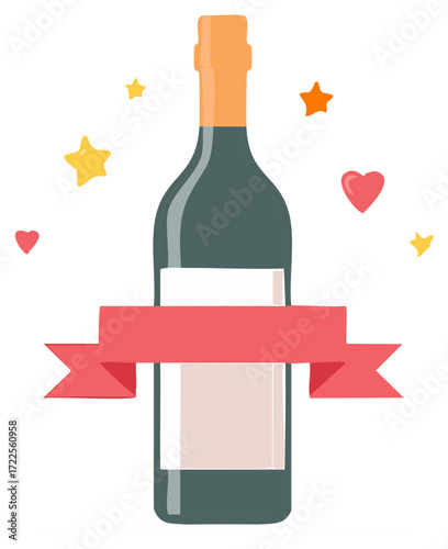 Elegant Wine Bottle with Festive Ribbon and Stars, Celebration Concept