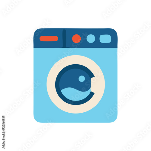 Washing machine frontloading appliance in a calming light blue color ready for laundry day.