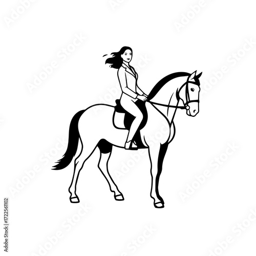 Black and white line art of a beautiful woman with perfect body riding horse elegant minimalist illustration
