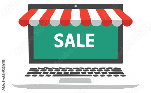 Online Sale Concept Laptop with Striped Awning and the Word SALE on Screen