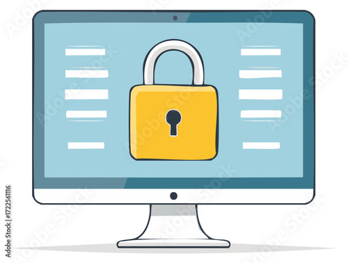 Computer screen displays a gold padlock symbol on a light blue screen, indicating security and data protection illustration