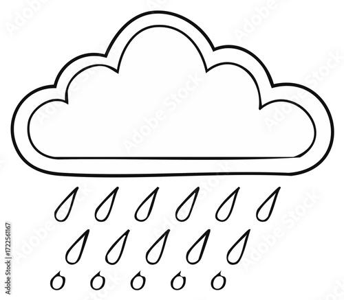 Illustration of a cloud with rain drops. Black outline of weather symbol on white background.