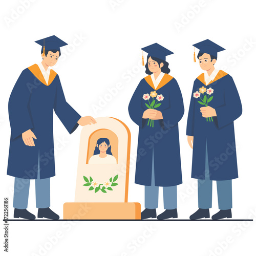 Three graduates stand beside a tombstone with a portrait