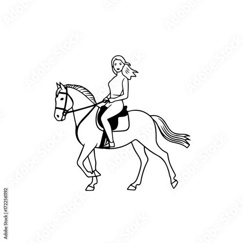 Black and white line art of a beautiful woman with perfect body riding horse elegant minimalist illustration
