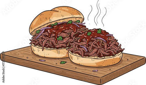 Detailed Cartoon Pulled Pork Sandwich On Wooden Board Illustration