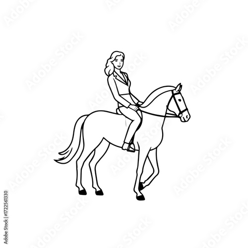 Black and white line art of a beautiful woman with perfect body riding horse elegant minimalist illustration
