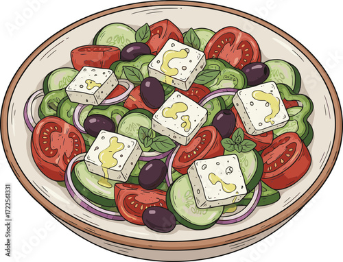 Hand Drawn Greek Salad Illustration with Feta Cheese and Vegetables