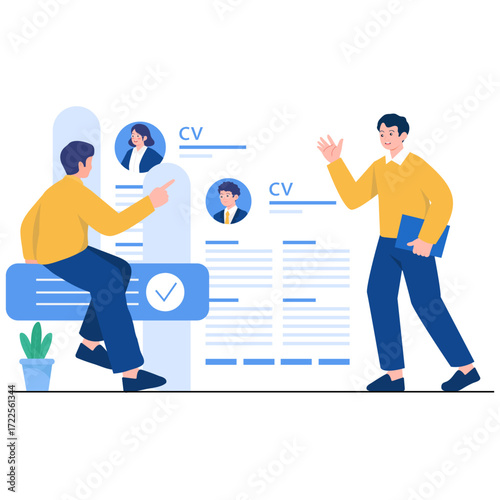 Two men and CVs shown in a recruitment context