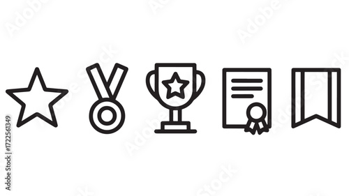 Vector art of collection of five award and achievement icons including star, medal, trophy, certificate, and banner