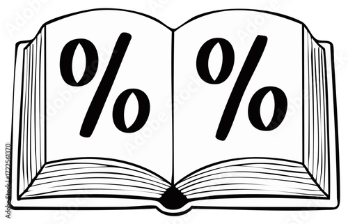Open book displaying large percentage symbols simple black white line art illustration