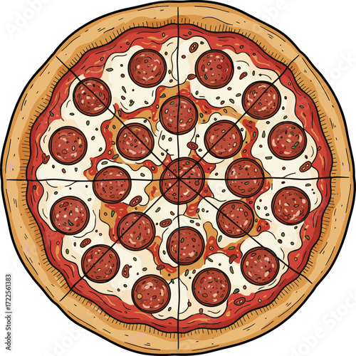 Detailed Handdrawn Pepperoni Pizza with Crust and Toppings Food Illustration