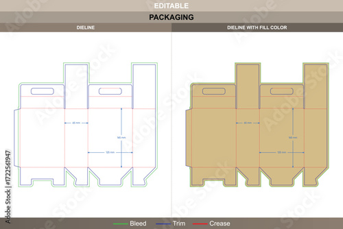 Display box packaging template with handle design featuring folding carton dieline and editable die line for retail packaging and professional mockup production