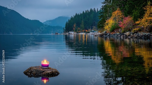 Tranquil lake scene at dusk, candle on rock