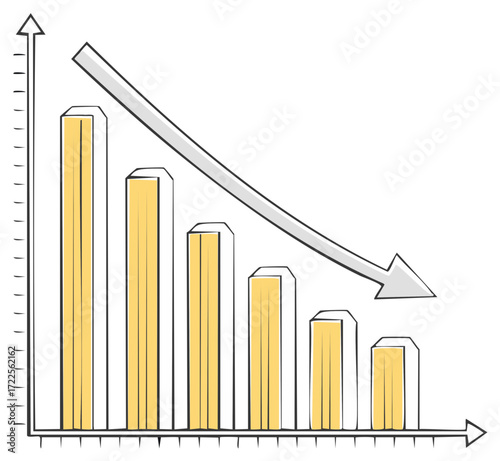 Declining bar chart with a downward arrow hand drawn sketch illustration showing financial crisis or recession