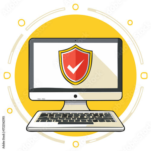 Computer screen displays red shield with checkmark, signifying digital security and protection against threats.