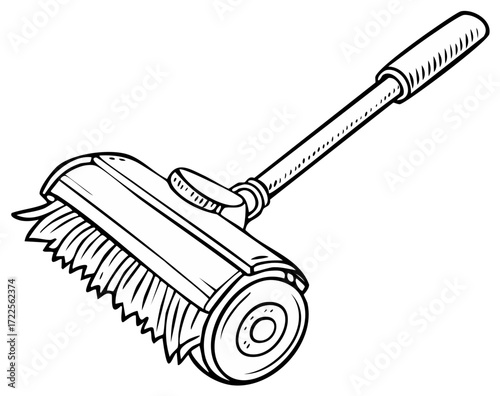 Cartoon illustration of a hand-held floor brush or cleaner with handle, cleaning tool