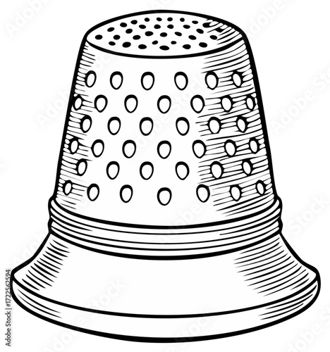 Vintage thimble illustration in a hand drawn line art style for sewing