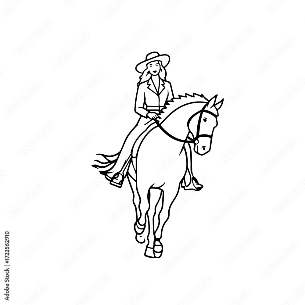 Fototapeta premium Black and white line art of a beautiful woman with perfect body riding horse elegant minimalist illustration 
