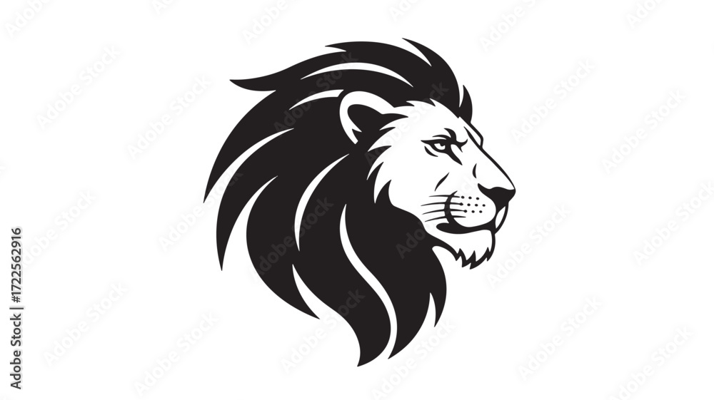 Fototapeta premium Vector art of black and white graphic illustration of a lions head in profile, isolated on white