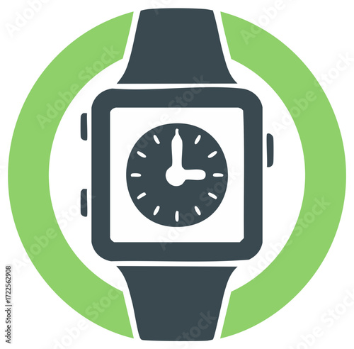Stylized smartwatch face inside a circular green frame features a time display showing twenty-five past twelve