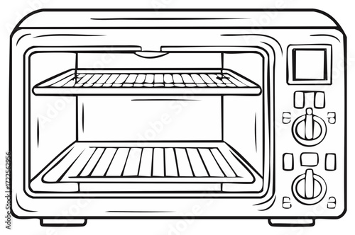 Illustration of a toaster oven for cooking or baking with display, knobs, and wire racks