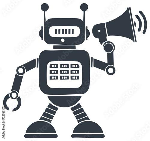 Cartoon Robot Character Holding a Megaphone Speaking or Shouting Loudly in Communication, Broadcast, or Marketing Concept