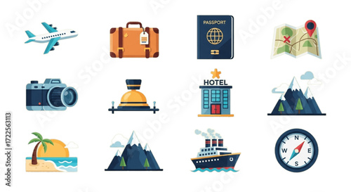 Travel icon set featuring airplane, suitcase, passport, map, camera, hotel, ship, compass, mountains, and beach
