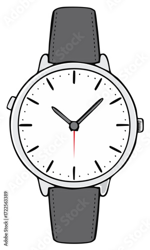 Elegant Wristwatch Illustration with Gray Leather Strap and Clean White Face Design