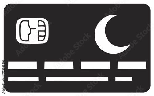 Illustrative dark credit card with a chip and crescent, depicting commerce and finance in a simple style