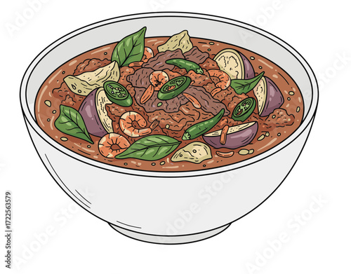 Detailed Line Art Sinigang Filipino Stew in Bowl Food Illustration