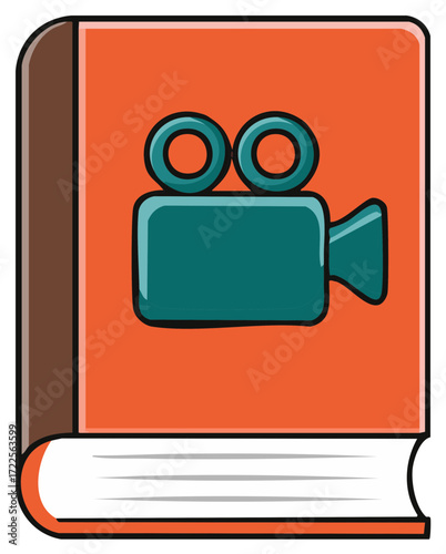 Illustrated book featuring a classic film camera icon on its vibrant orange cover symbolizing cinema production and storytelling