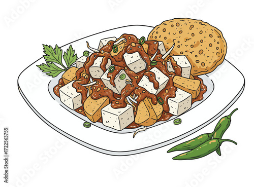 Detailed Hand Drawn Tahu Gejrot Indonesian Street Food Cuisine Illustration