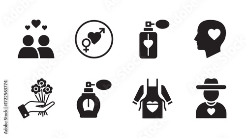 Vector art of collection of black and white icons related to love, romance, and relationships, isolated on white