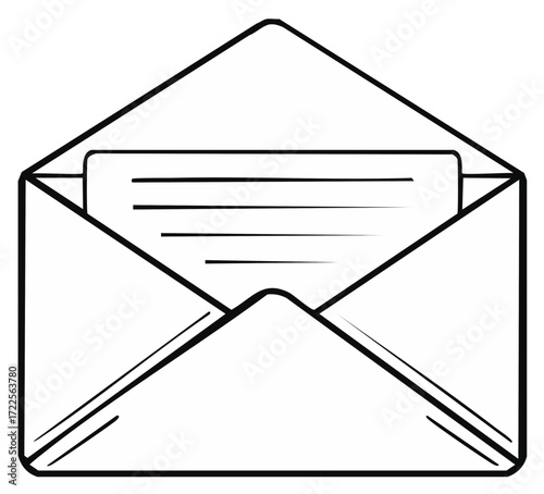 Line art illustration depicting an open envelope and a letter inside ready to be read or delivered
